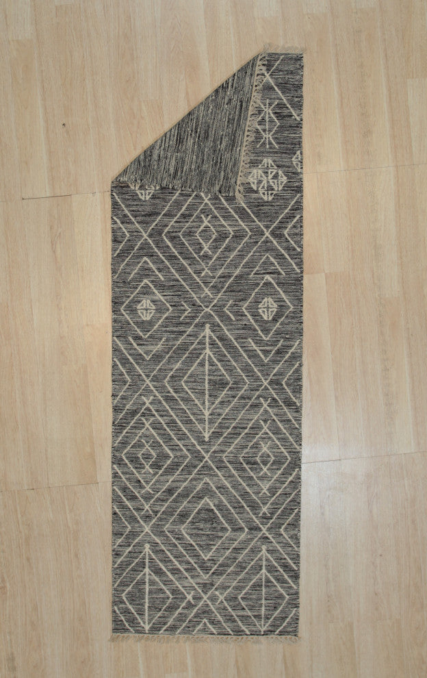 EORC Charcoal Handwoven Wool Punja Kilim Rug 2'x8'