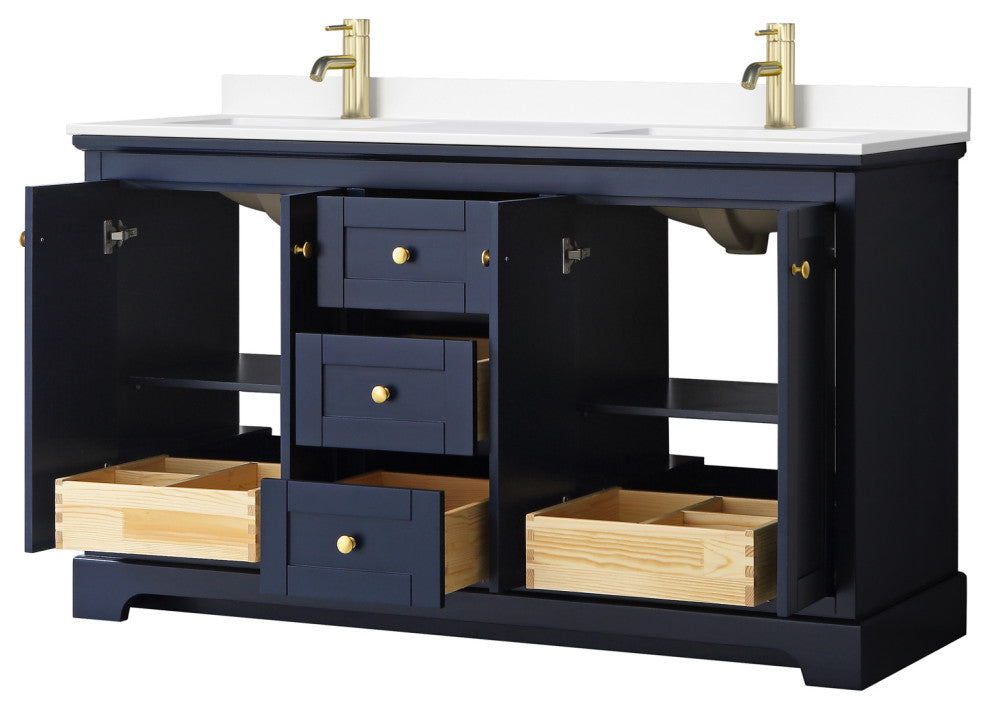 Avery 60" Dark Blue DBL Vanity, White Cultured Marble Top