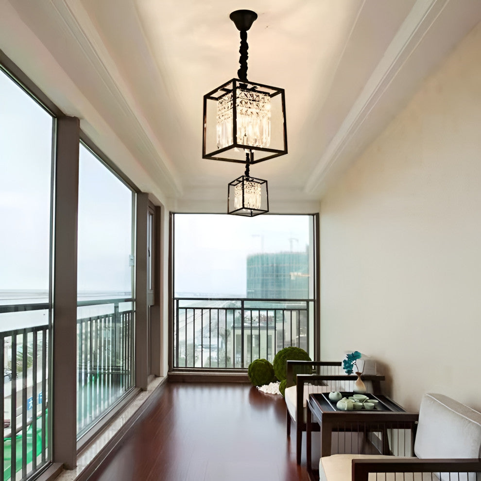 Inverno e Monteleone | Square Crystal Hanging LED Chandelier for Dining Room, Black, Warm Light, Non-Dimmable
