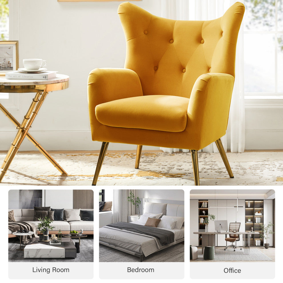 Tufted Accent Chair With Golden Legs, Mustard