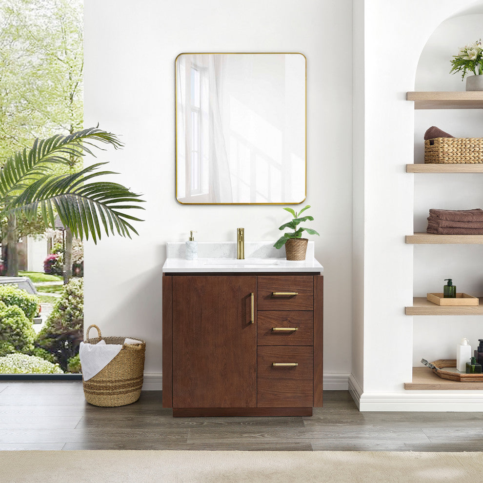 San Bath Vanity with Stone Top, Natural Walnut, 36", Single Vanity, With Mirror