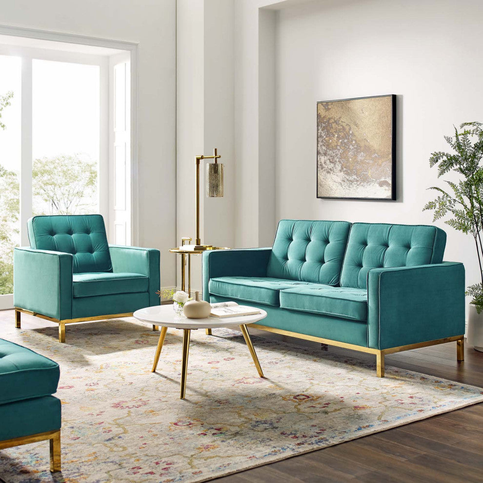 Armchair and Loveseat Sofa Set, Velvet, Gold Teal Blue, Modern, Lounge
