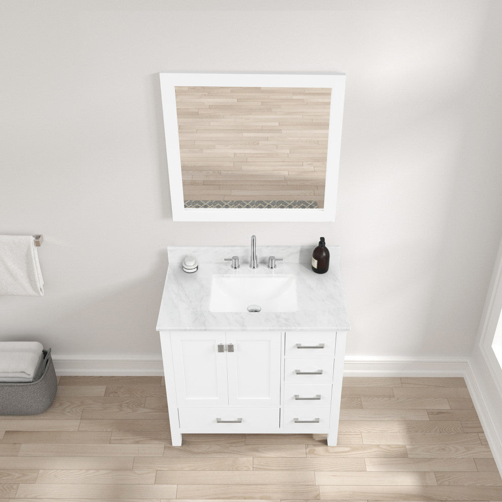 Freestanding Bathroom Vanity With Marble Countertop and Undermount Sink, White, 36" With Sink and Mirror