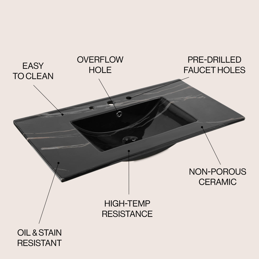 Ancillary 3-Hole Contemporary Rectangular Ceramic Single Sink Basin Vanity Top