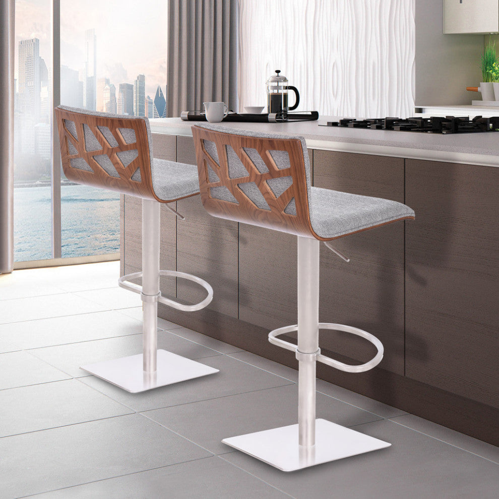 Adjustable Gray Fabric Walnut and Stainless Swivel Bar Stool