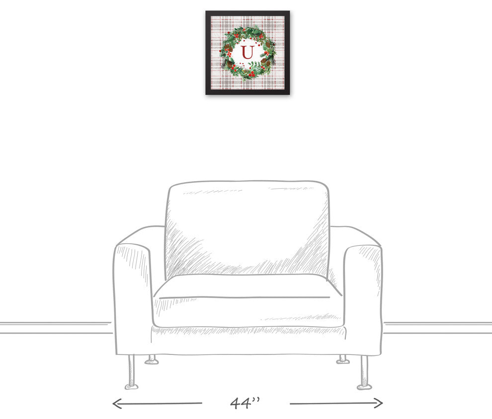 Holiday Gray Plaid Monogram Wreath U 12x12 Black Framed Canvas