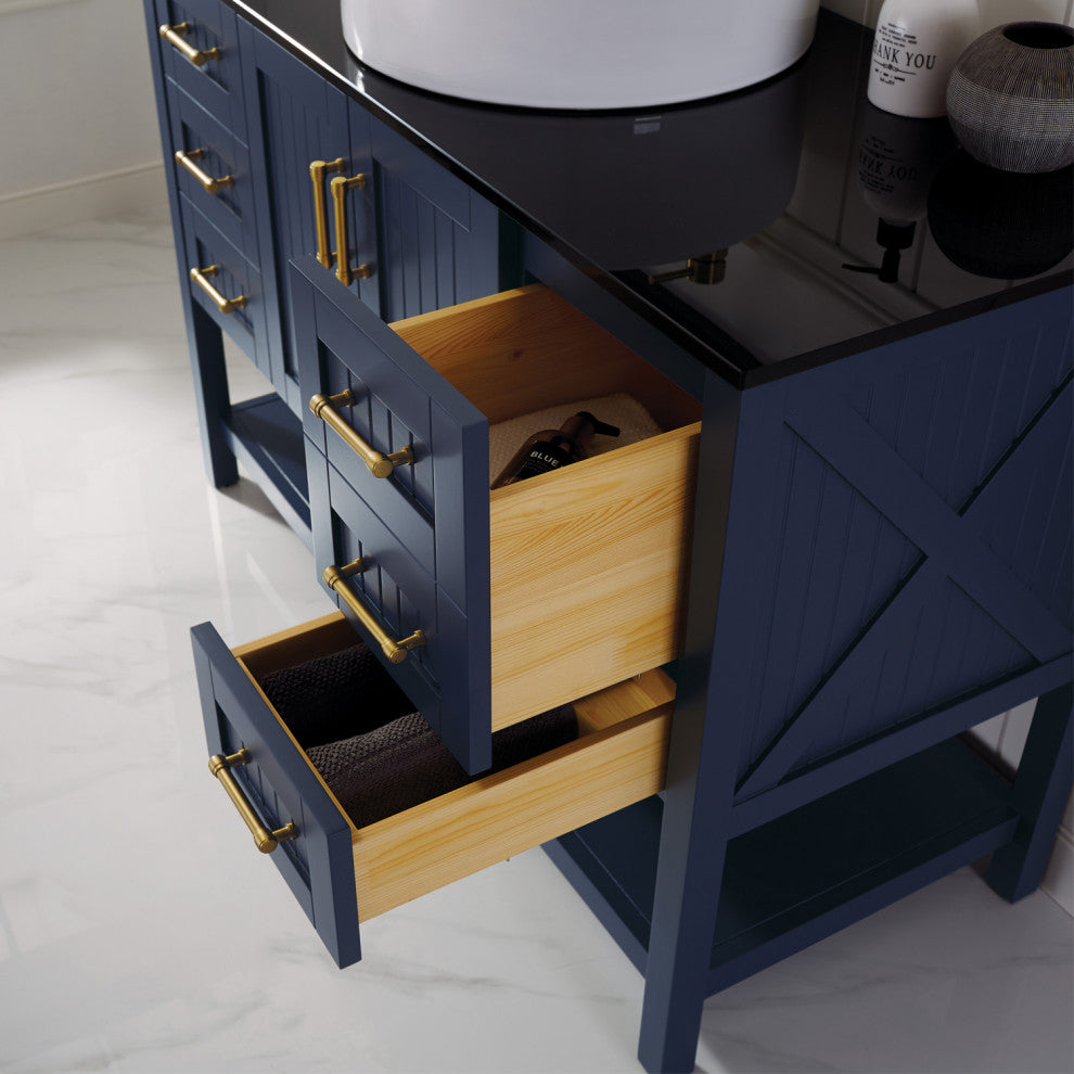 48"? Vanity in Royal Blue with Glass Countertop with White Vessel Sink No Mirror