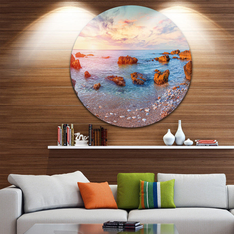 Mediterranean Sea Sunrise, Seashore Photo Round Metal Wall Art, 23"