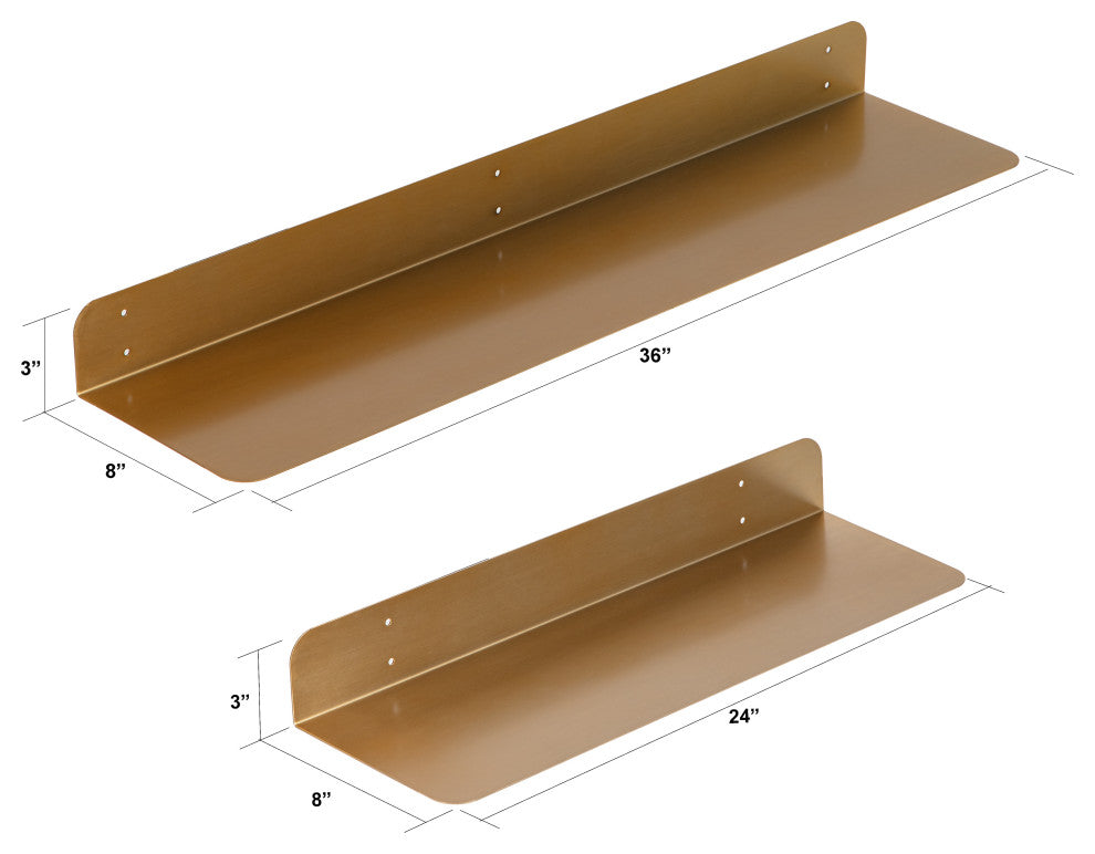 Saffron Fabs Metal Wall Shelves, Antique Brass, 2 Piece Set: 24x8 & 36x8
