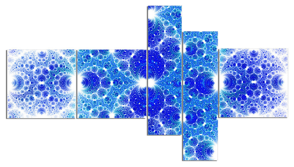 Exotic Blue Fractal Crescent Pattern, Abstract Art on Canvas, 60"x32", 5 panels