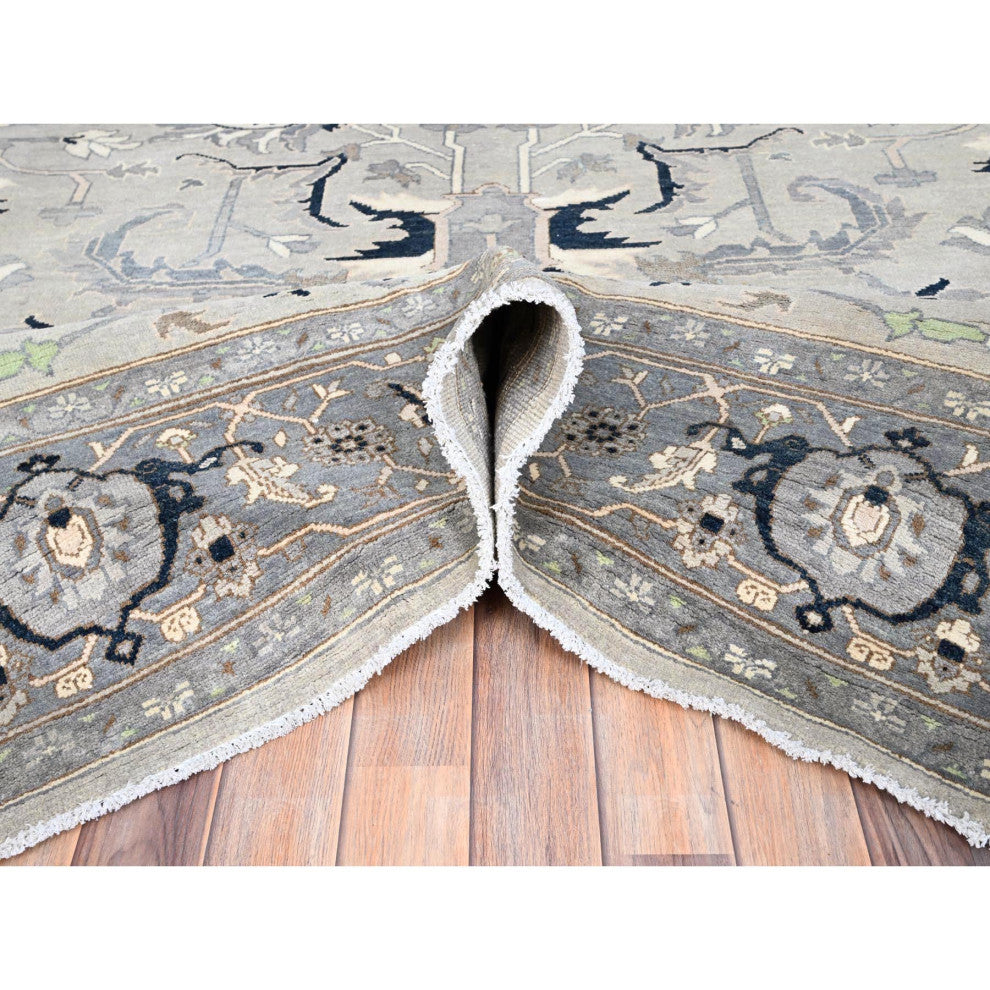 Gray Afghan Peshawar With Serapi Heriz Design Wool Hand Knotted Rug 9'x12'2"