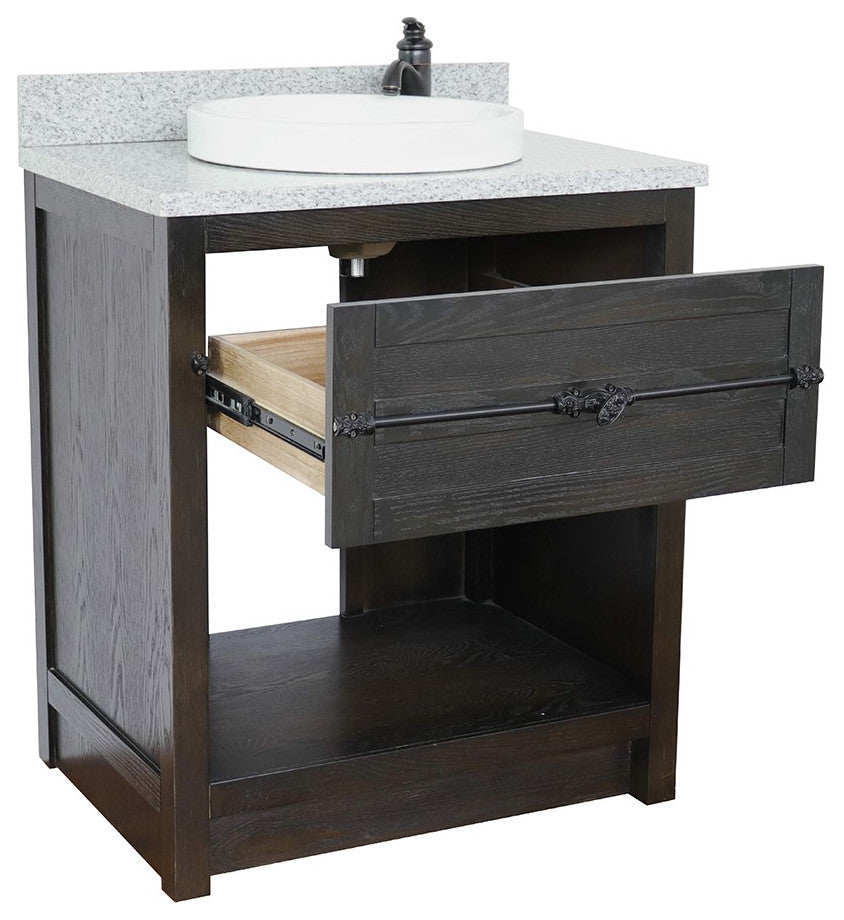 30" Single Vanity, Brown Ash, Gray Granite Top, Round Sink