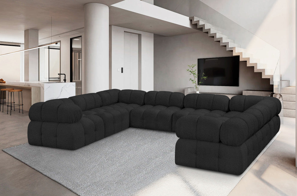 Ames Boucle Fabric U-Shaped Modular Sectional, Black, 8-Piece: 4 Armless Chair, 4 Corner Chair