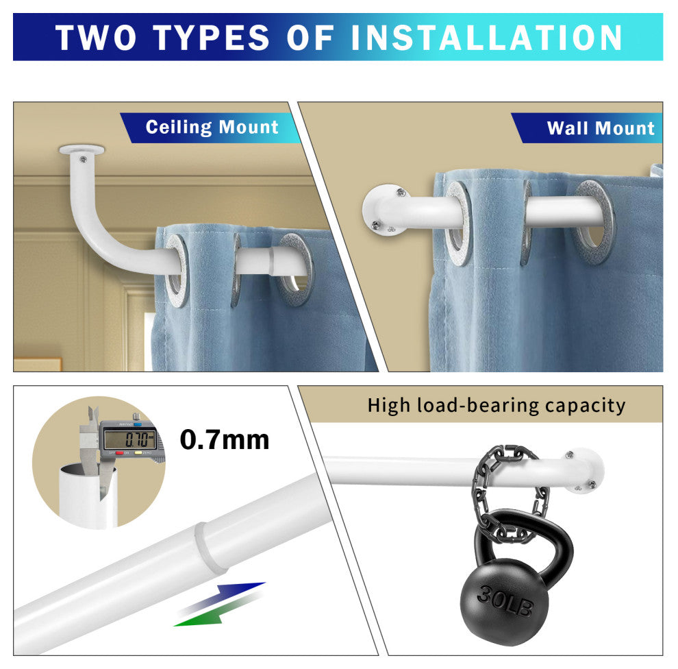 Energy Saving Wrap Around Black Out Return Adjustable Window Curtain Metal Rod, Glossy White, 28"-48"