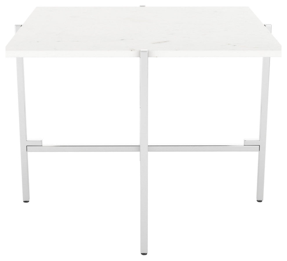 Sofa Side Table, Square, Artificial Marble, Steel Metal, White, Silver, Chrome