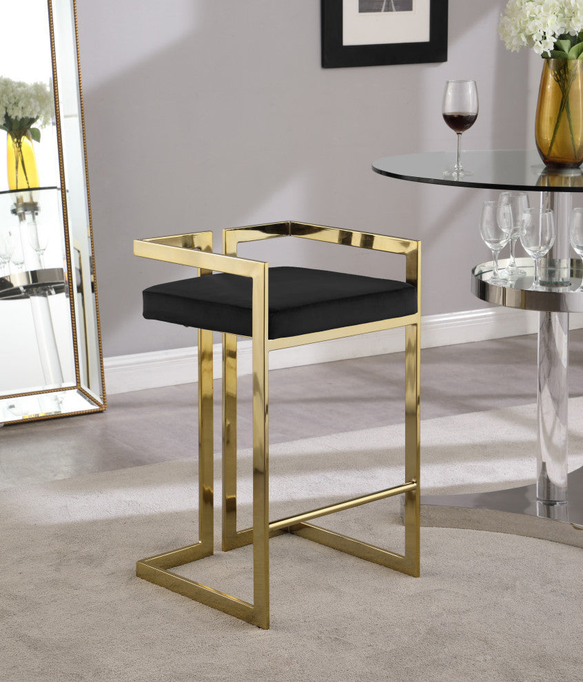 Ezra Counter Stool, Set of 2, Black Velvet, Gold Base