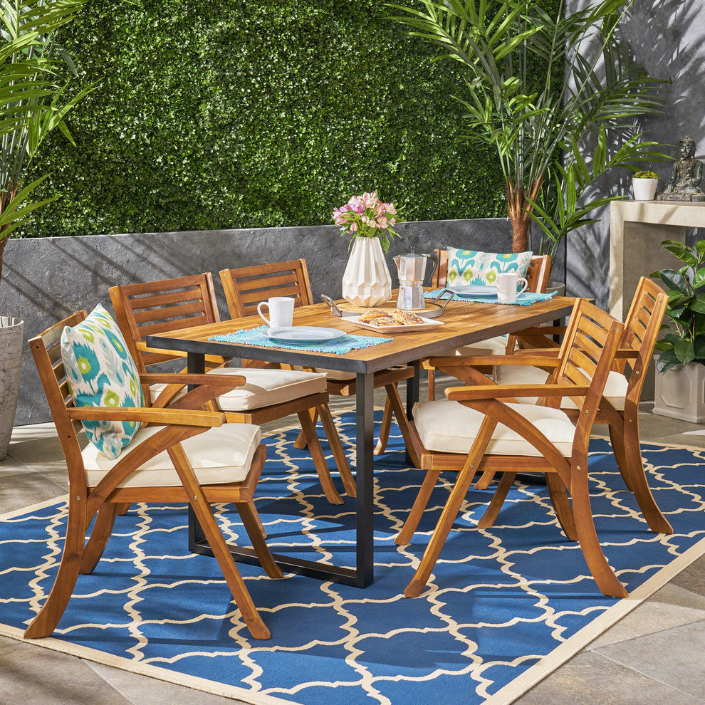 GDF Studio Daisy Outdoor 6-Seater Rectangular Acacia Wood and Iron Dining Set