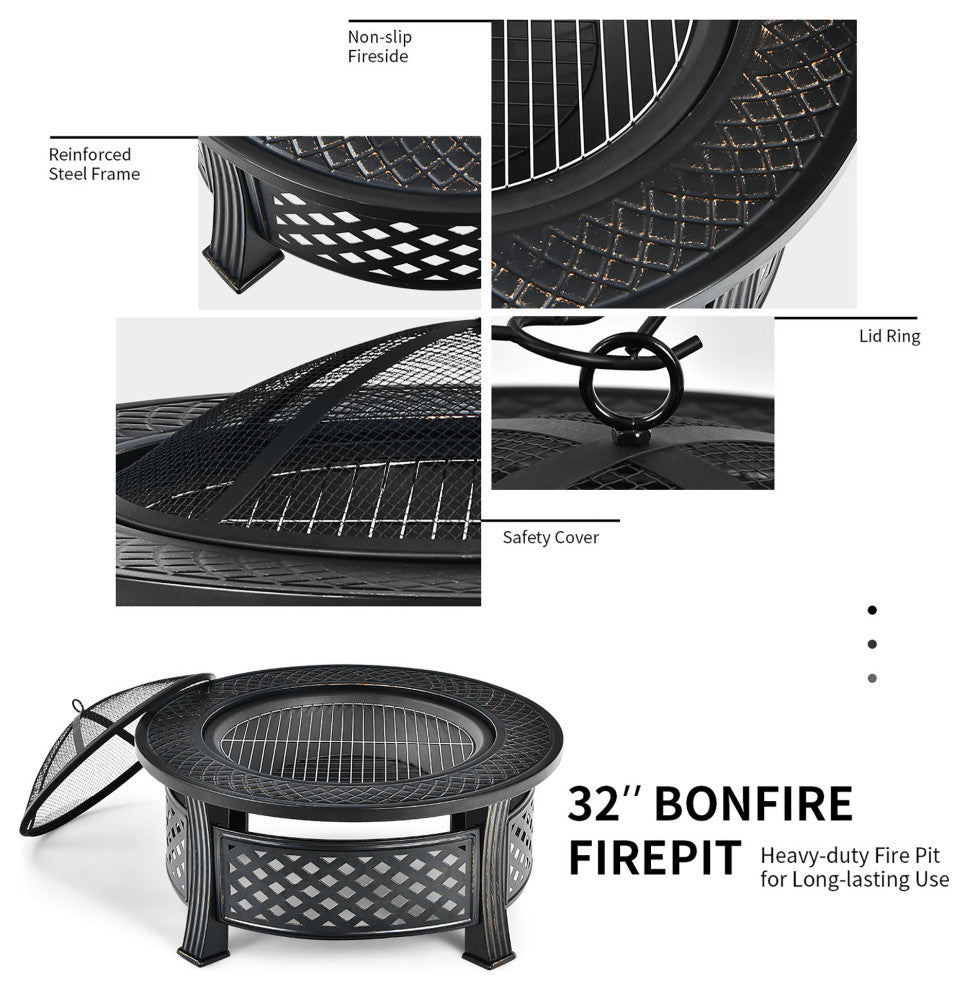 Costway 32'' Round Fire Pit Set W/ Rain Cover BBQ Grill Log Grate Poker