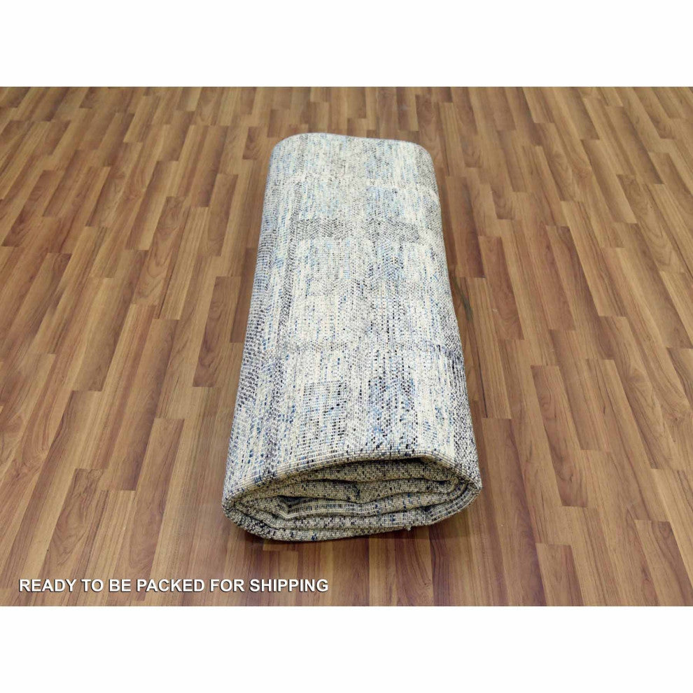 Beige Hand Knotted Geometric Opened Up Plaid Design 100% Wool Rug, 8'0"x10'2"