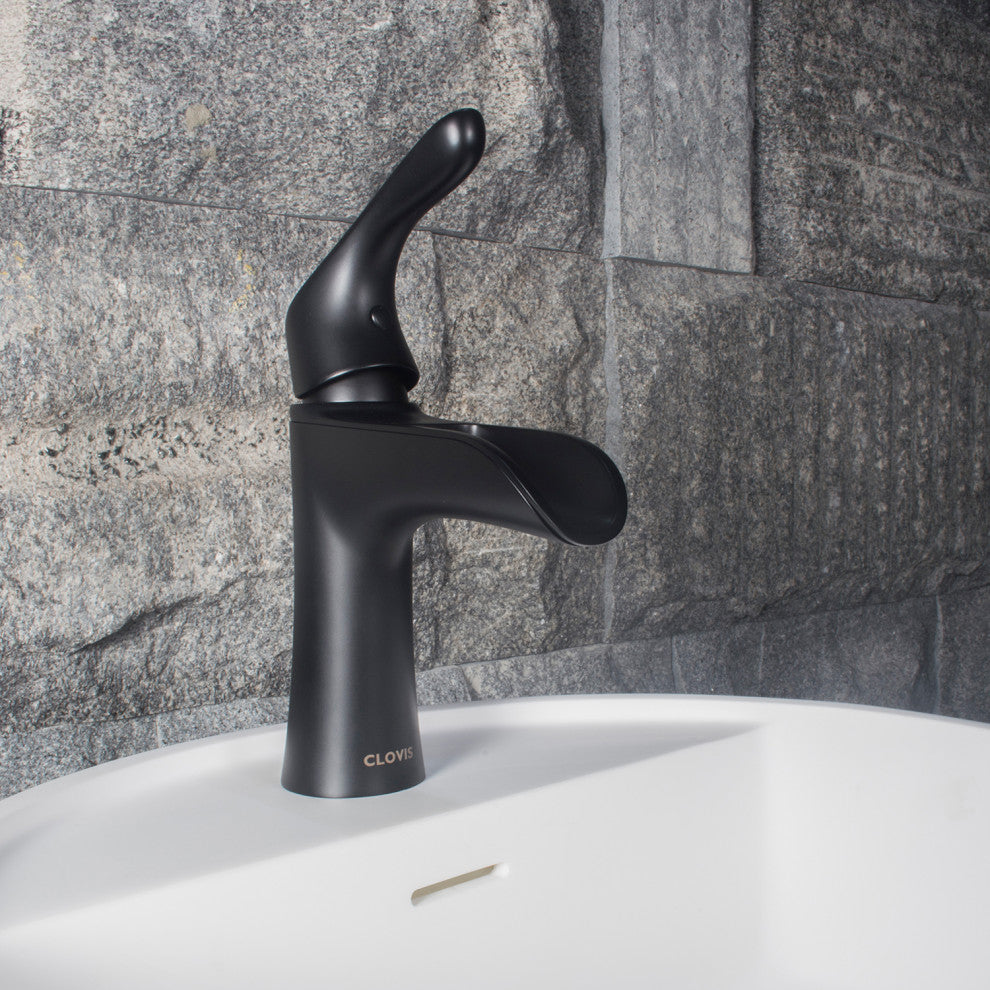 Waterfall Single Handle Single Hole Bathroom Faucet With Pop Up Drain Assembly, Matte Black