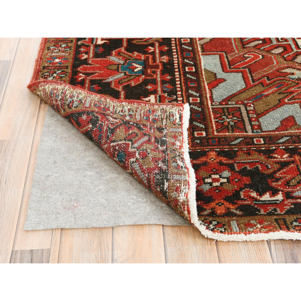 Tomato Red Hand KnottedVintage Persian Heriz Worn Down Oriental Rug 9'9"x12'4"