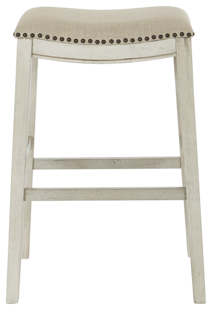 Saddle Stool 30", Beige Fabric and Antique White Base, Set of 2