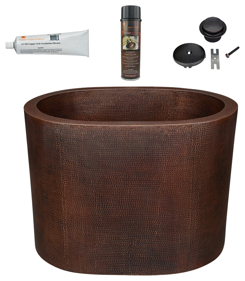48" Hammered Copper Oval Japanese Soaking Tub & Drain Package