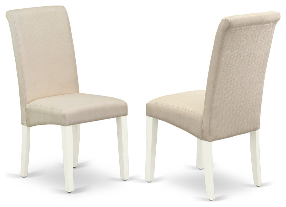 5Pc Dining Set, Round Room Table, Four Parson Chairs, Cream Fabric, White
