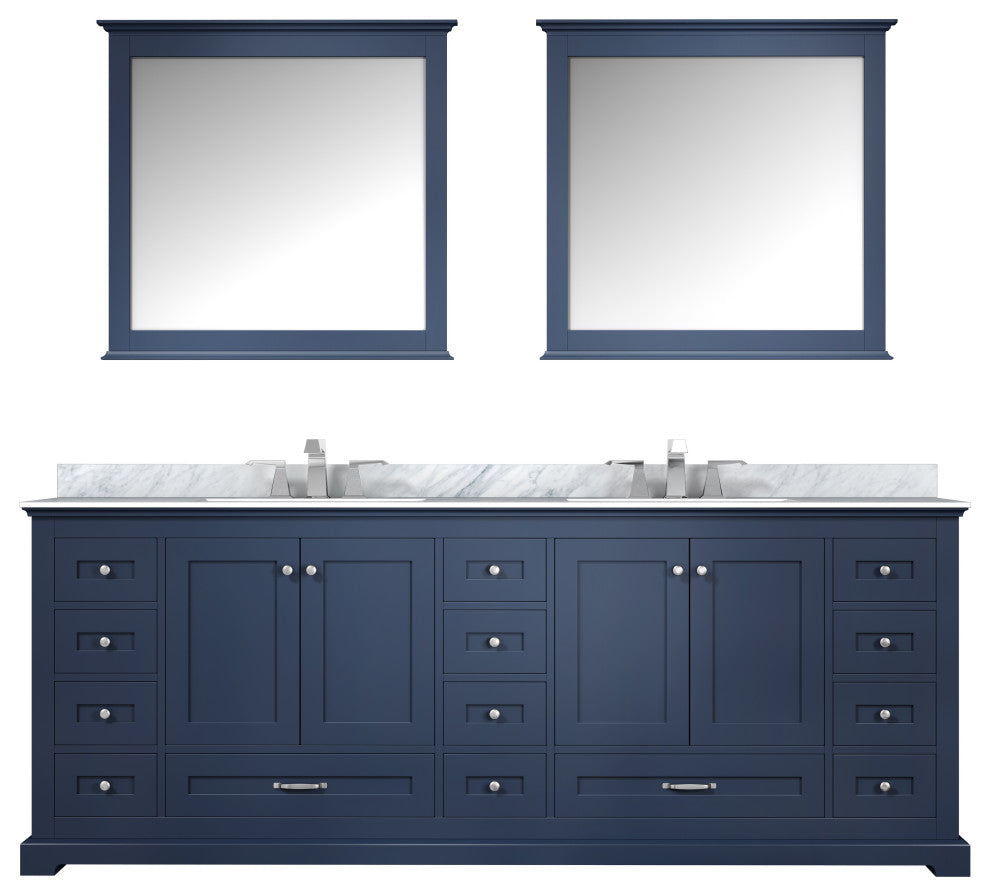 Dukes 84" Navy Blue Double Vanity, White Square Sinks, 34" Mirrors With Faucets
