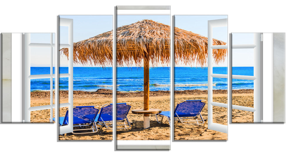 "Window Open To Beach Hut With Chairs" Seashore Wall Art, 5 Panels, 60"x32"