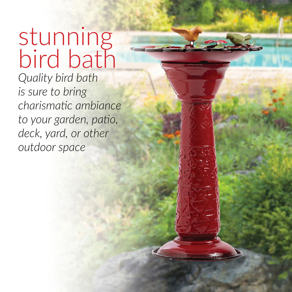 28" Tall Outdoor Metal Birdbath with Birds and Leaves Yard Statue, Red