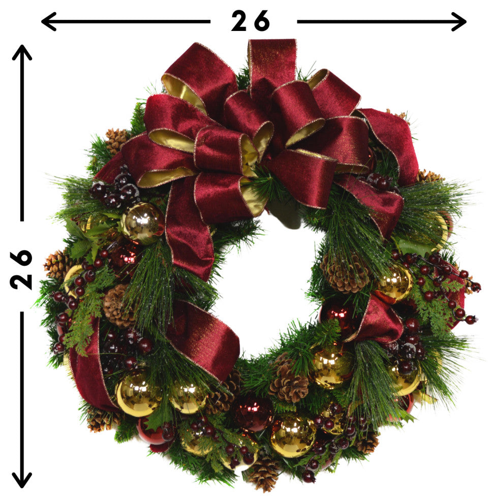 26" Evergreen Wreath with Berries, Pinecones, Ornaments and a Bow, Solid Burgundy and Gold