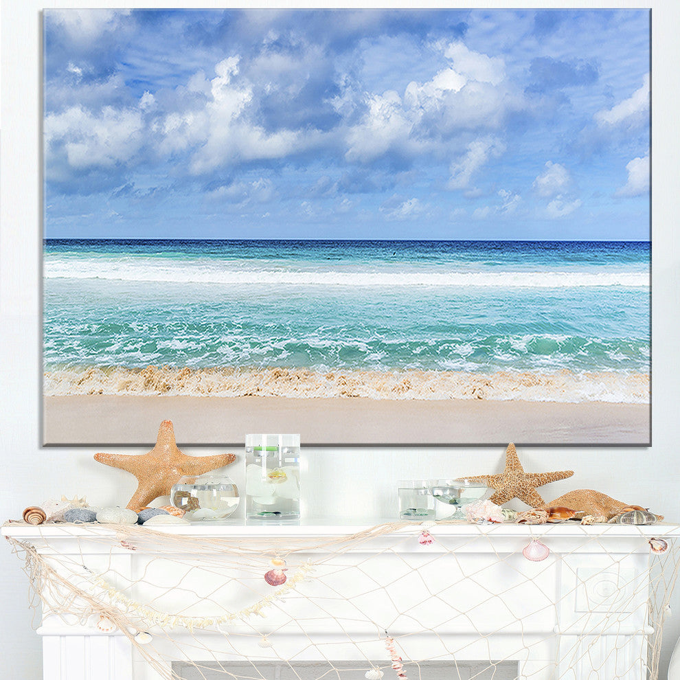 "Tranquil Beach Under White Clouds" Modern Seascape Canvas Artwork, 40"x30"