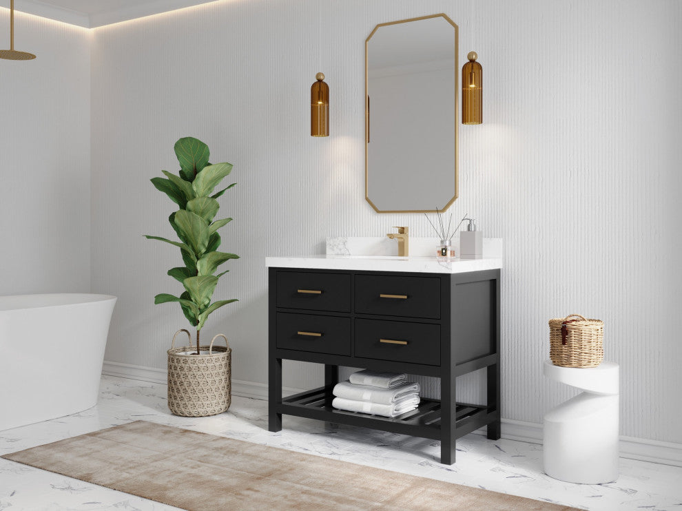 Parker 42" Single Sink Bath Vanity, Black 2" Calacatta Nuvo