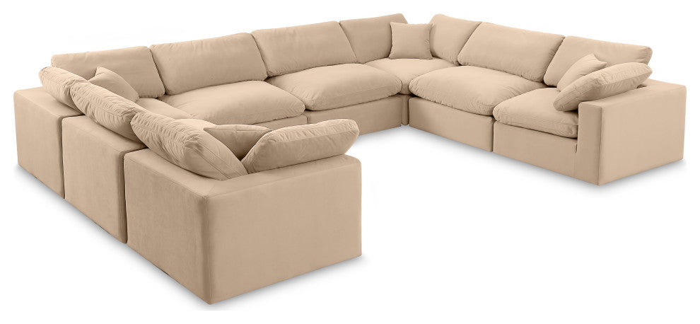 Comfy Upholstered U-Shaped Modular Sectional, Beige, 8-Piece: 4 Armless Chair, 4 Corner Chair, Velvet