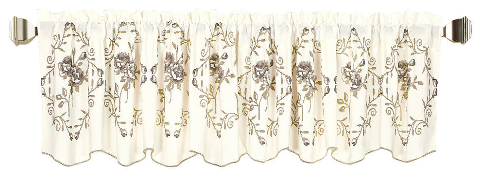 Rose Embroidery Window Curtain Valance, Taupe, 19" X 60"