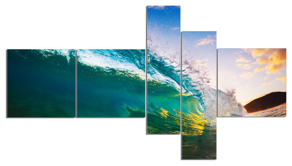 Ocean Wave at Sunset, Photography Canvas Art Print, 60"x32", 5 panels