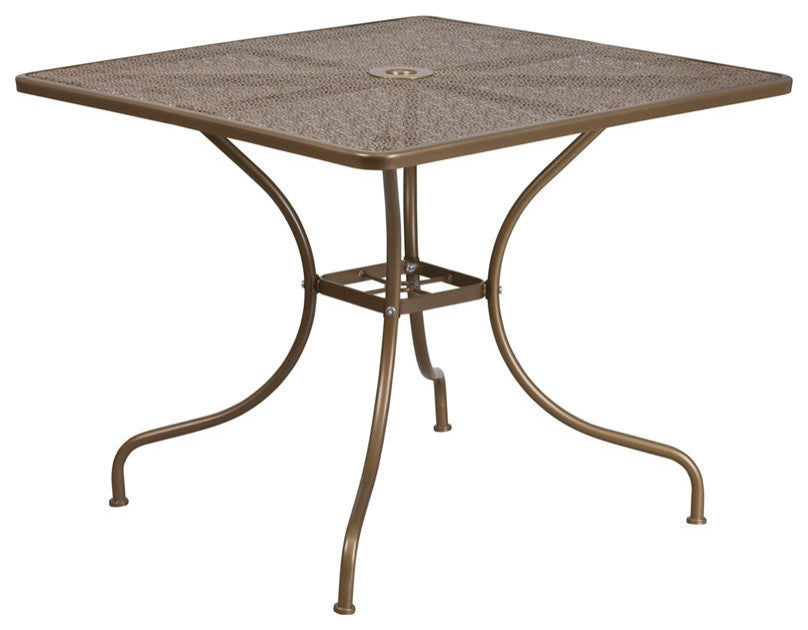 35.5" Square Gold Indoor-Outdoor Steel Patio Table Set with 4 Round Back Chairs
