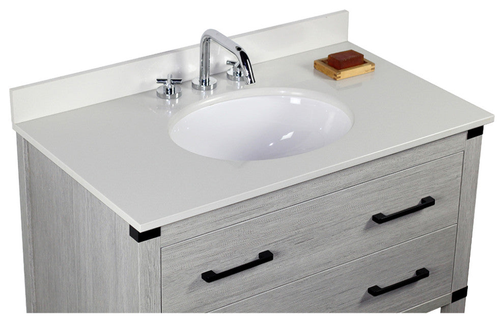 37" Single Vanity, Gray Pine Finish Top With Engineered Stone Top and Oval Sink