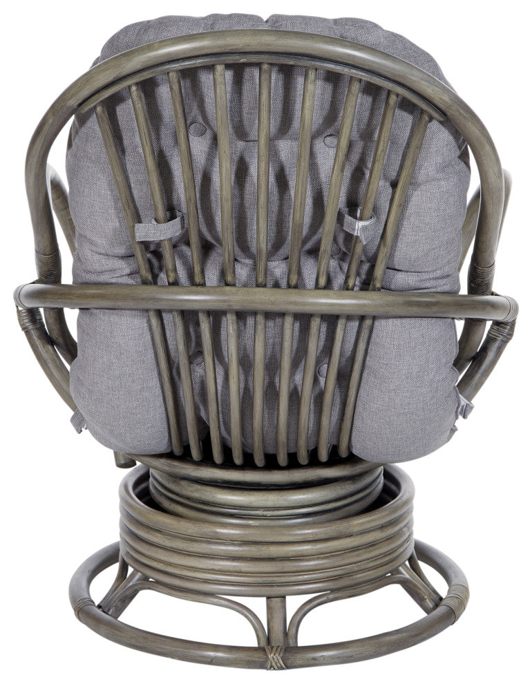 Tahiti Rattan Swivel Rocker Chair, Gray Fabric With Gray Frame