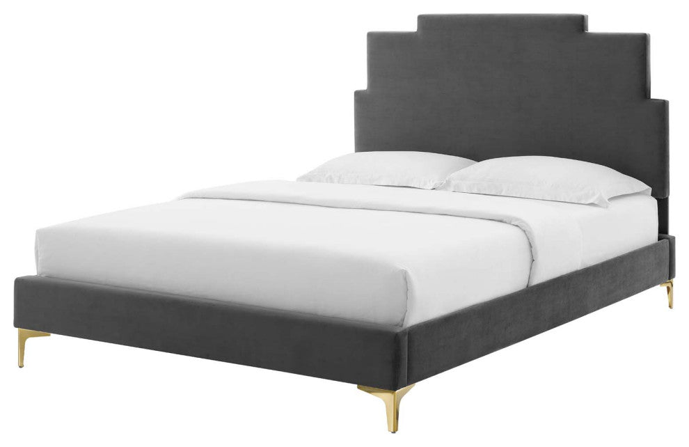 Platform Bed Frame, Full Size, Velvet, Dark Gray, Modern Contemporary