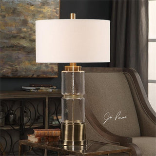 Uttermost Vaiga Steel Glass and Fabric Table Lamp in Antique Brass and White