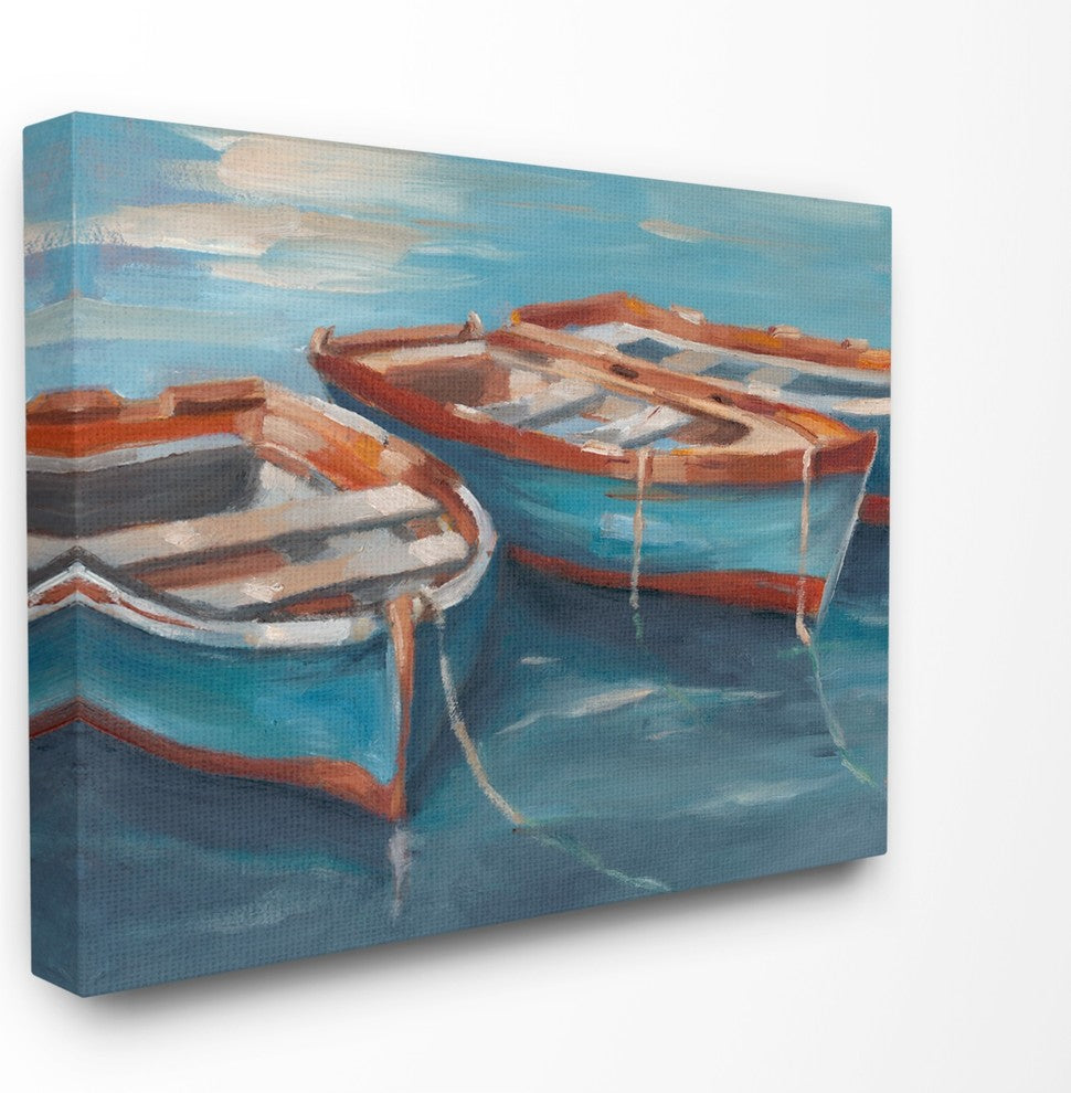 Red White & Blue Row Boats At Dock Painting Canvas Wall Art, 24"x30"