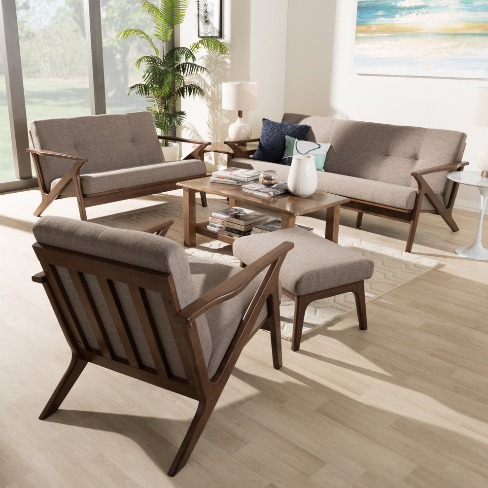 Bianca Mid-Century Walnut Wood Light Gray Fabric Tufted Livingroom Sofa Set