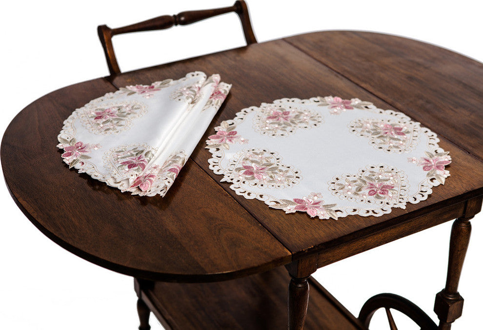 Blush Embroidered Cutwork Round Placemats, 16" Round, Set of 4