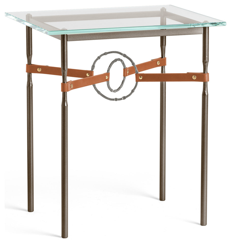 Equus Side Table, Bronze Finish, Natural Iron Accents, Chestnut Leather Strap