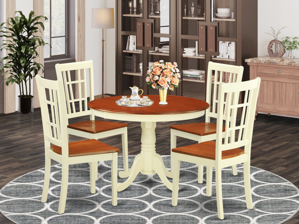 5 Pc Set, Round Table And 4 Leather Kitchen Chairs, Buttermilk And Cherry