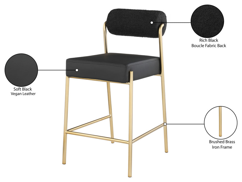 Carly Faux Leather Seat/Boucle Fabric Back Counter Stool, Black
