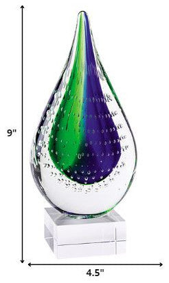 9" Clear Blue and Green Murano Glass Modern Abstract Tabletop Sculpture