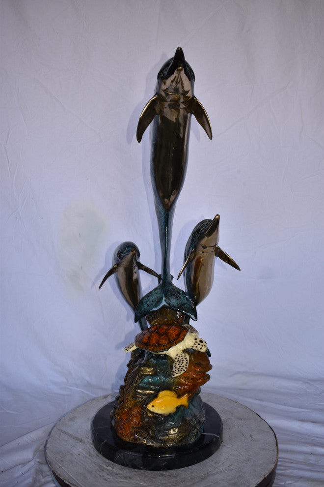 Three Dolphins Swim Next to A Sea Turtle Fountain Bronze Statue 17"x 15" x 38"